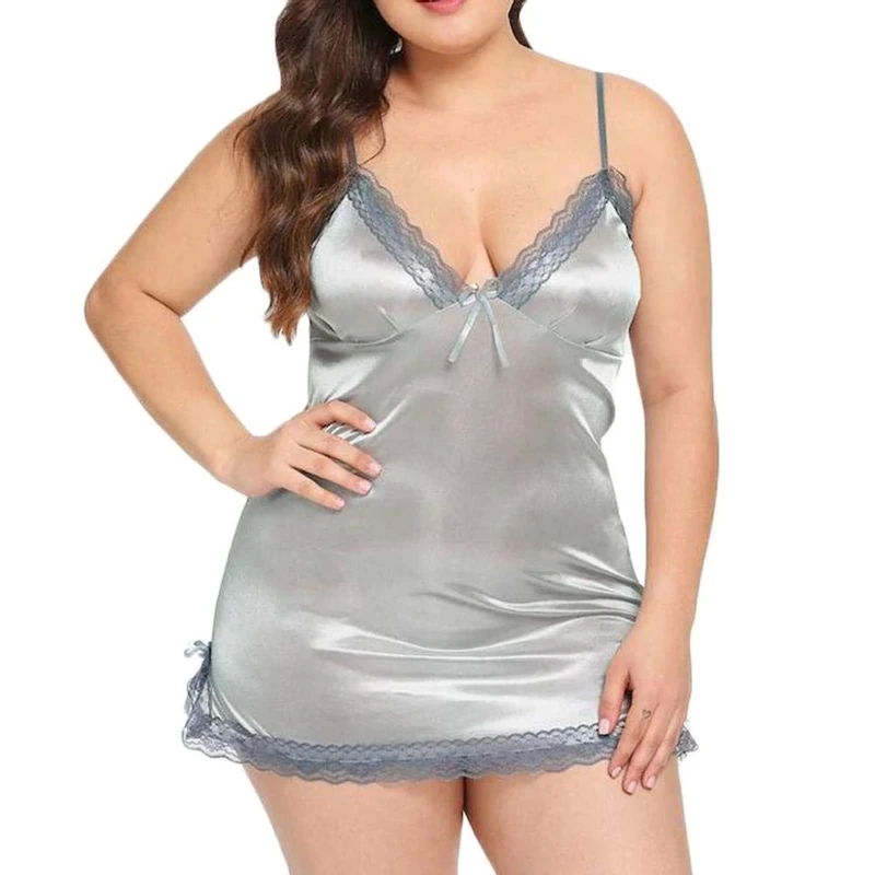 QQQQC Women's Erotic Baby Dolls Women Sexy Lace with Thong Nightdress Bowknot Lingerie Sexy Lingerie Female Erotic-Silver_3XL