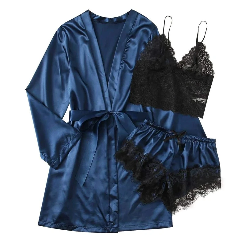 Women's Erotic Baby Dolls Sexy Satin Pajamas Set Satin Silk Pajamas Women Nightdress Lingerie Robes Underwear Sleepwear Sexy-Blue_XL