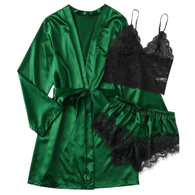 Women's Erotic Teddies & Bodysuits Sexy Satin Pajamas Set Satin Silk Pajamas Women Nightdress Lingerie Robes Underwear Sleepwear Sexy-Green_XL