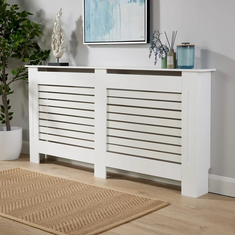 Home Source Radiator Cover Wooden Wall Cabinet Shelf Slatted Grill, White, Extra Large 172cm