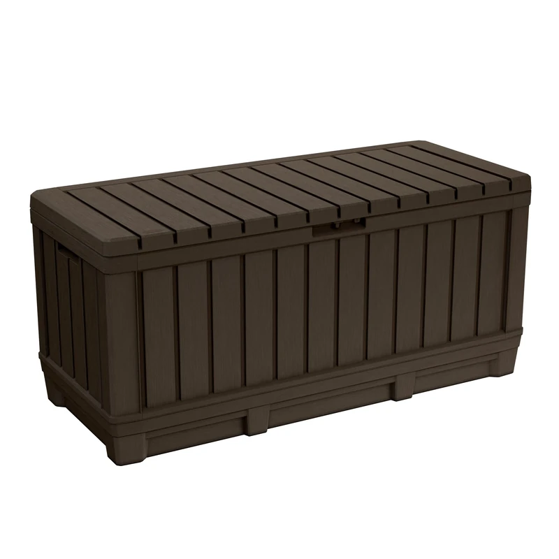 Keter Kentwood 350L Outdoor Garden Storage Box – Brown Wood‑Effect | Weather‑Resistant, Lockable & Doubles as a Two‑Person Seat