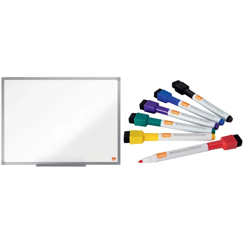 Nobo Steel Magnetic Whiteboard, 600 x 450 mm with Rexel Dry Erase Markers, Pack of 6 Bundle