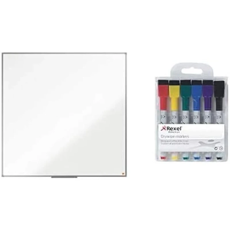 Nobo Steel Magnetic Whiteboard, 1200 x 1200 mm with Rexel Dry Erase Markers, Pack of 6 Bundle