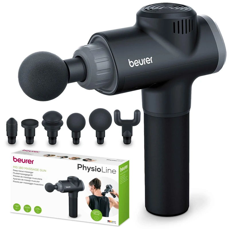 Beurer MG180 Massage Gun - Delivers a Deep Tissue Massage to Relieve Tension and Regenerate Muscles - 6 Attachments - 4 Intensity Levels - Upto 3,200 Impulses Per Minute - Lithium-ion Battery Powered