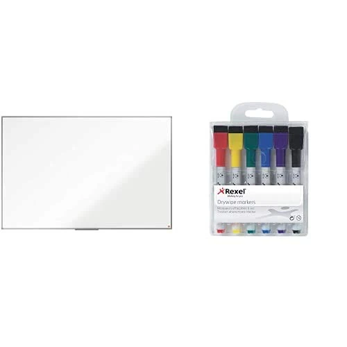 Nobo Enamel Magnetic Whiteboard, 1800 x 1200 mm with Rexel Dry Erase Markers, Pack of 6 Bundle