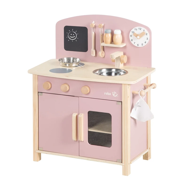 roba Wooden Play Kitchen - Toy Children's Kitchen with Accessories - 2 cooking zones, sink, faucet - Natural/Pink