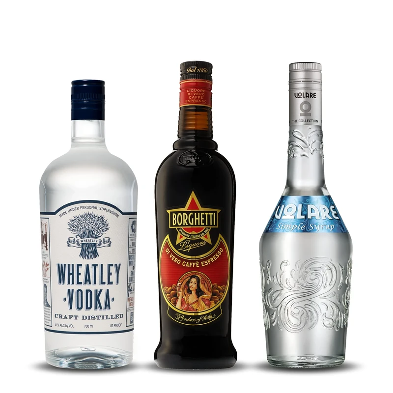The Espresso Martini Bundle Featuring Wheatley Vodka 70cl, Caffé Borghetti 70cl and Volare Simple Syrup 70cl