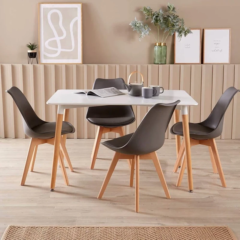 Home Source White Kitchen Dining Table Set 4 Padded Grey Chairs Wooden Legs, 120cm Table