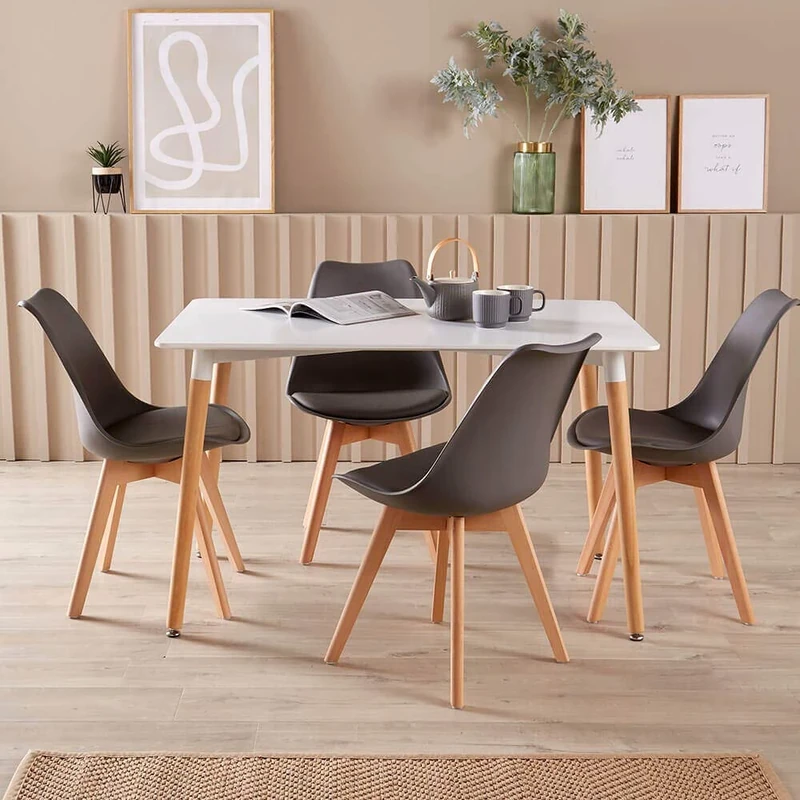 Home Source White Kitchen Dining Table Set 6 Padded Grey Chairs Wooden Legs, 120cm Table