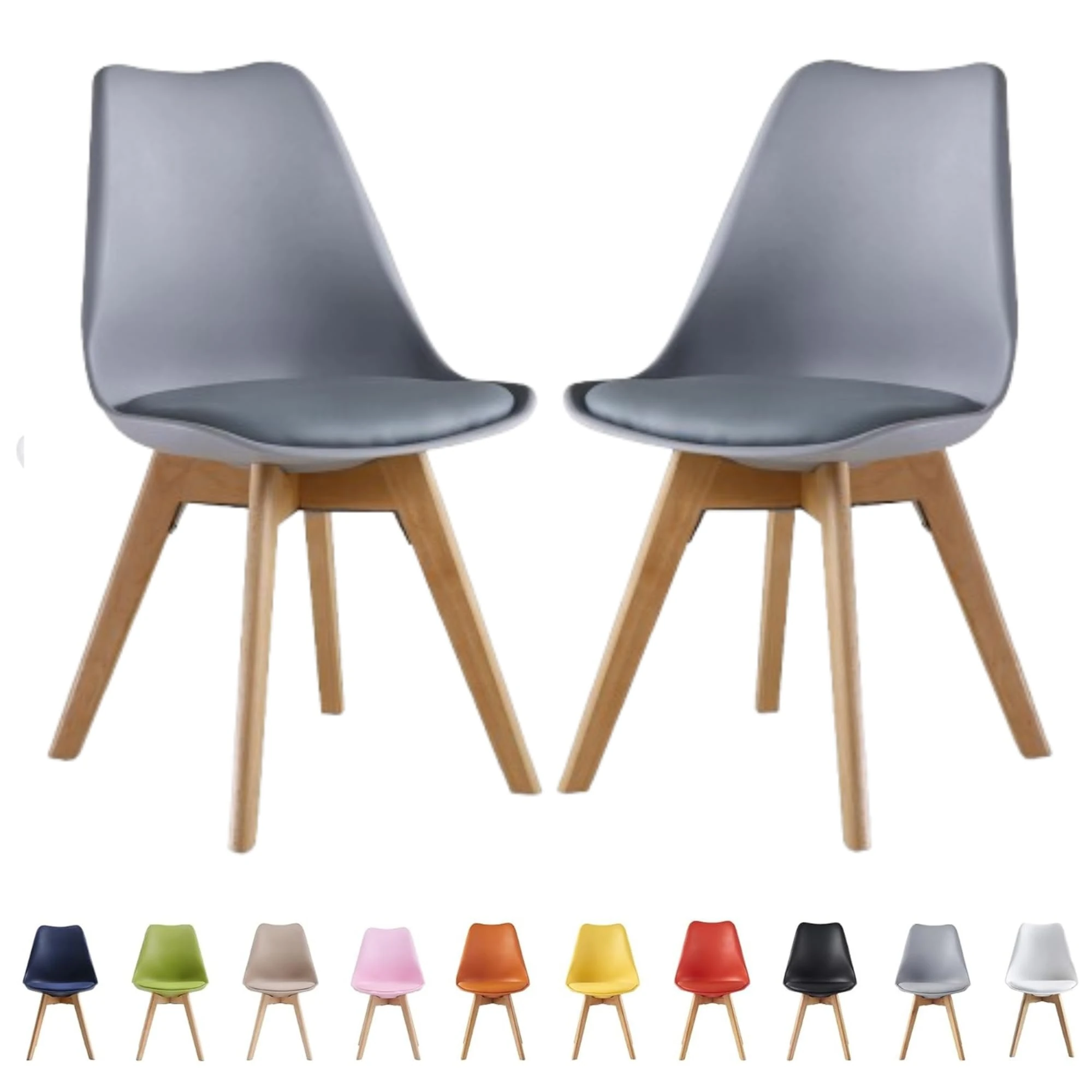 Single Set of 2/4/6 Retro Modern Dining Chairs – Lorenzo Plastic Chairs with Cushioned Pad Seat & Solid Beech Wooden Legs - Side Chair for Living Room Kitchen Office Lounge (Grey, Pack of 2)