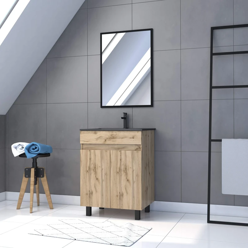 Bathroom Cabinet with 2 Doors/Basin Black/Mirror, 60 x 80 cm, Natural Oak