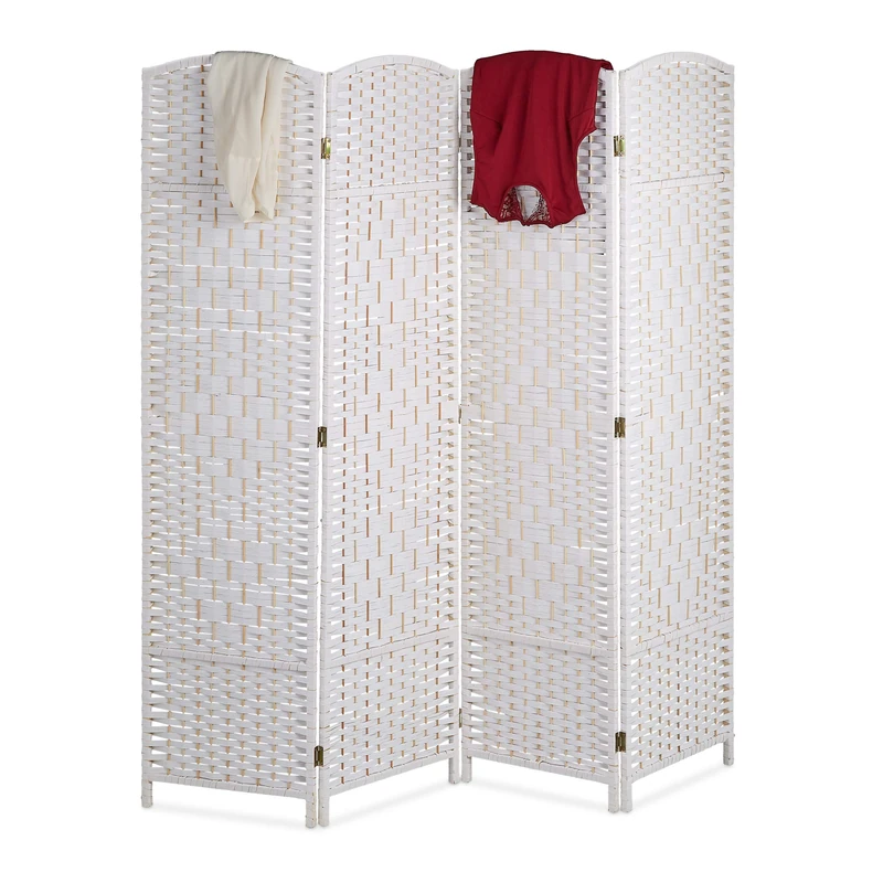 Relaxdays Screen Room Divider, H x W: 170 x 160 cm, Foldable Room Divider, 4 Part Privacy Screen, Wood & Paper Rope, White