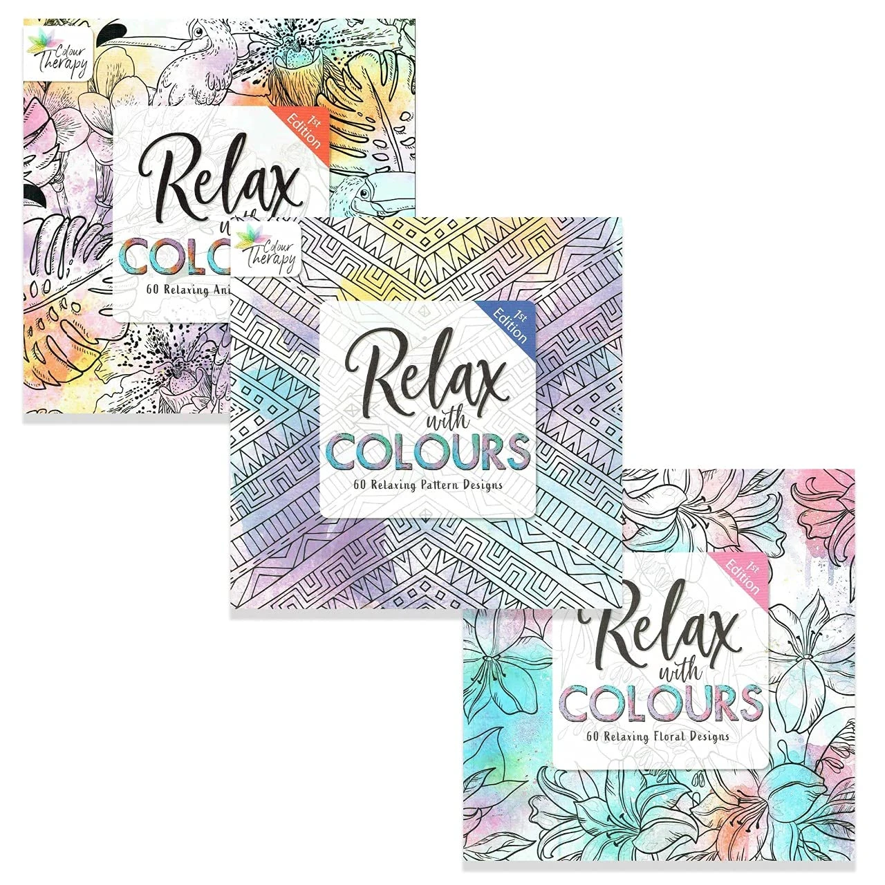 Styloo Adult Colouring Books, Set of 3 Books, 180 Designs – Animal, Floral, and Pattern Illustrations – Mindfulness and Relaxing Drawing Pad - Series 3