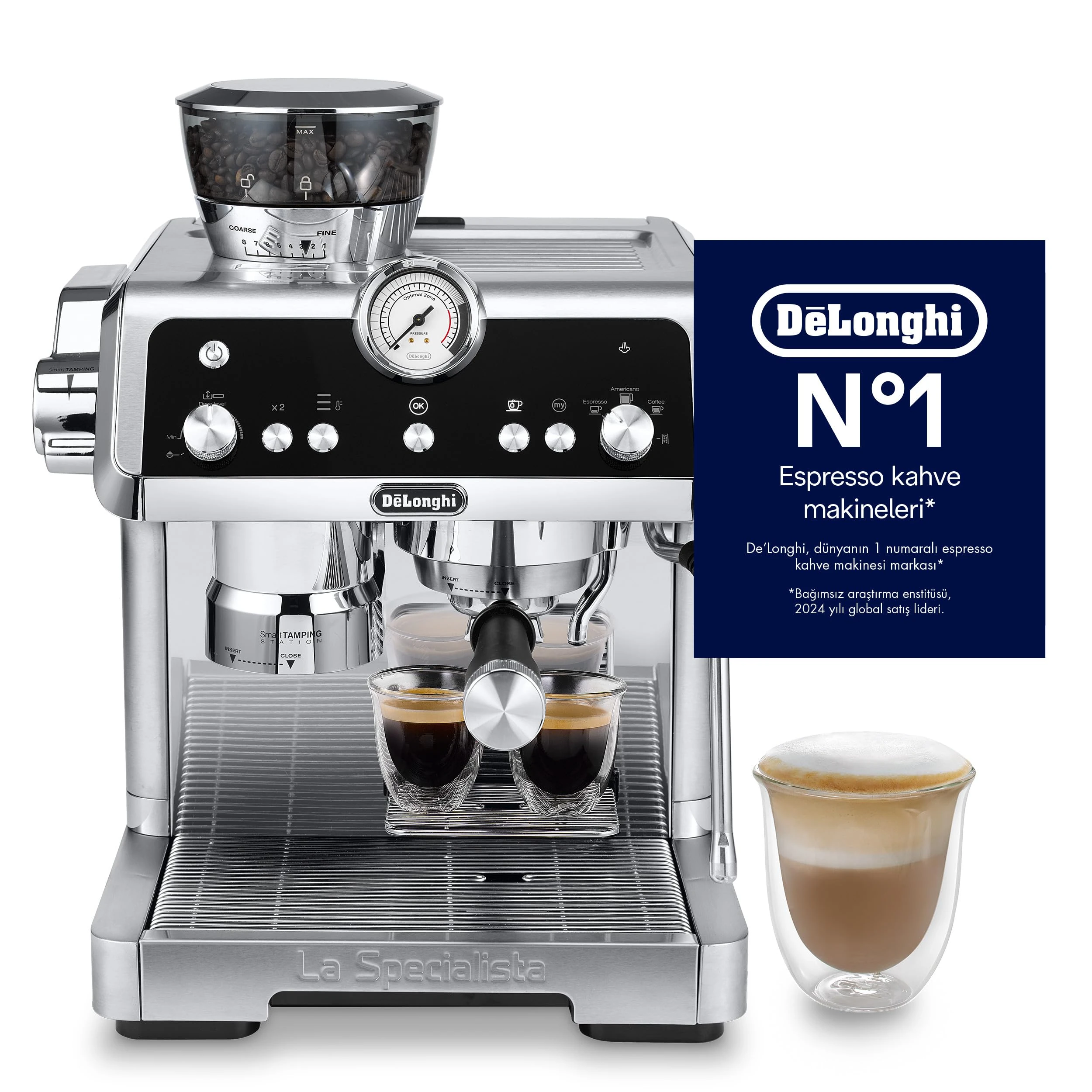 De'Longhi La Specialista Opera EC9555.M, Espresso Coffee Machine with Integrated Coffee Grinder, Cold Brew Function, Milk Frothing Wand, Includes Welcome Set Accessories, 1550W, Metal