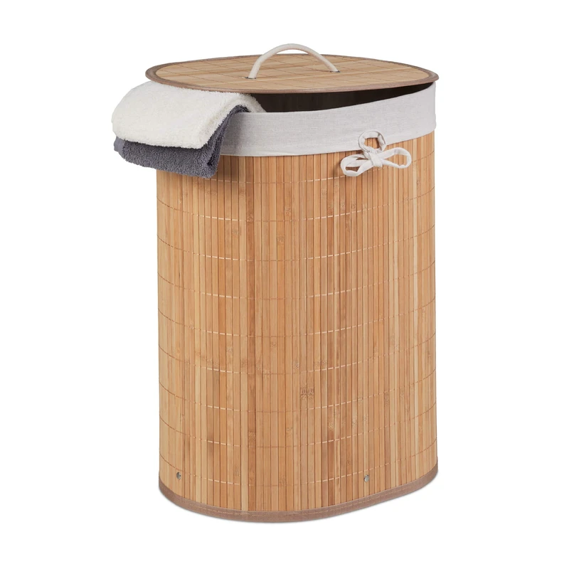 Relaxdays Bamboo Laundry Basket, Oval, 46 L, Folding Hamper with Lid, Bathroom & Bedroom, HWD: 55 x 42 x 32 cm, Natural