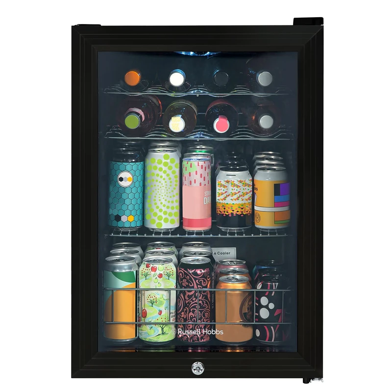 Russell Hobbs 20 Bottle/62L Lockable Freestanding Table Top Mini Beer & Wine Cooler, LED Light & Lock and Key with Glass Door RHGWC4B-LCK