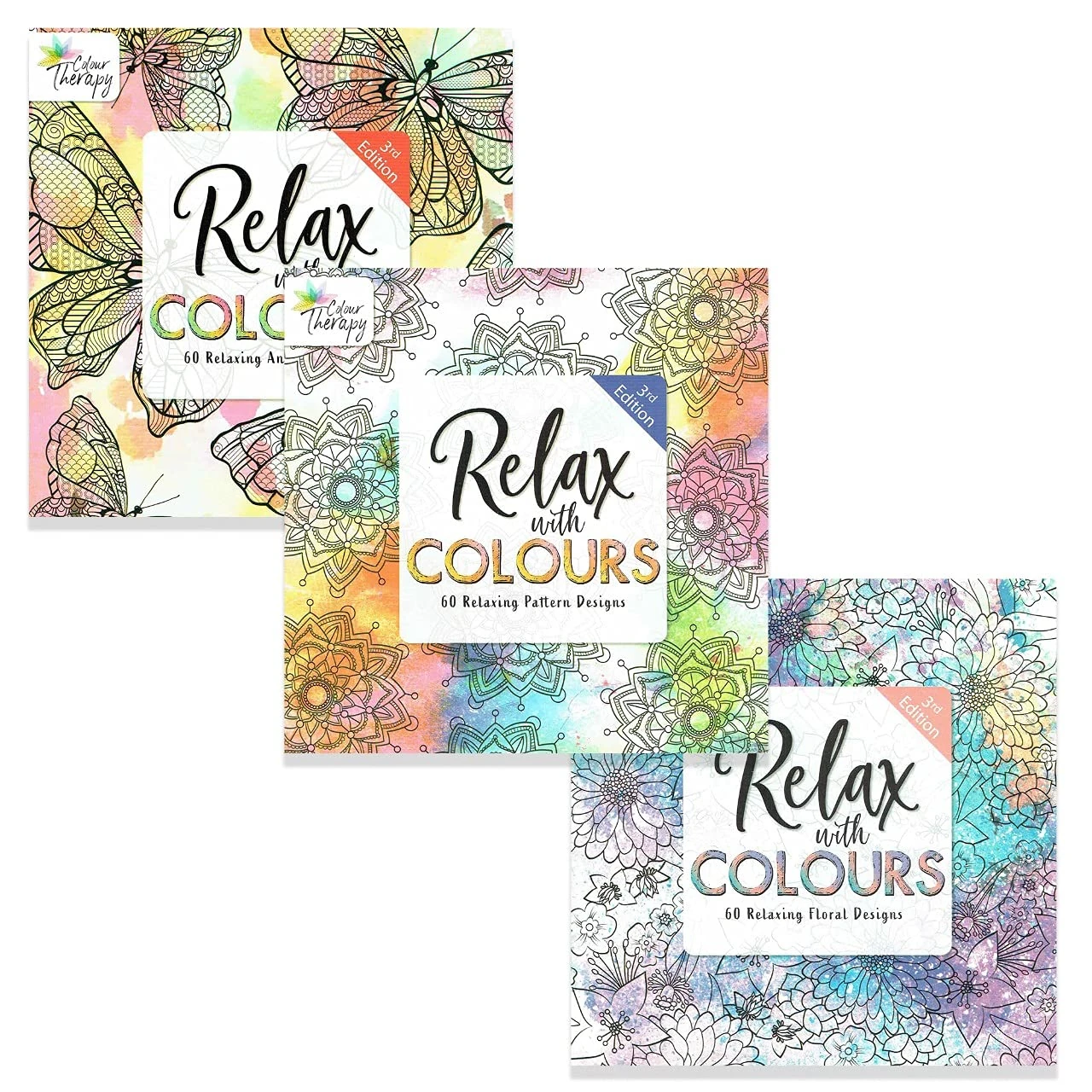 Styloo Adult Colouring Books, Set of 3 Books, 180 Designs – Animal, Floral, and Pattern Illustrations – Mindfulness and Relaxing Drawing Pad - Series 1