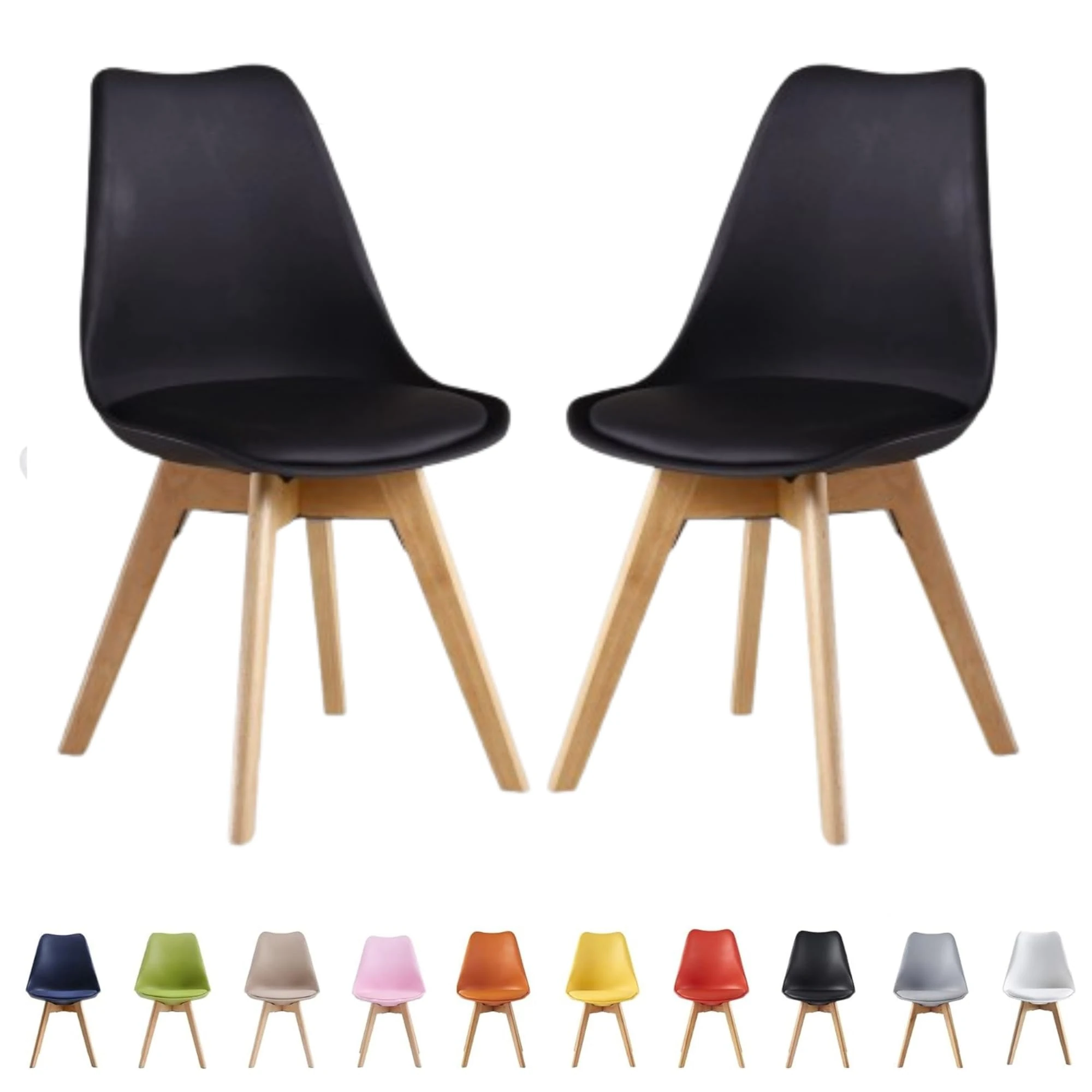 Single Set of 2/4/6 Retro Modern Dining Chairs – Lorenzo Plastic Chairs with Cushioned Pad Seat & Solid Beech Wooden Legs - Side Chair for Living Room Kitchen Office Lounge (Black, Pack of 2)