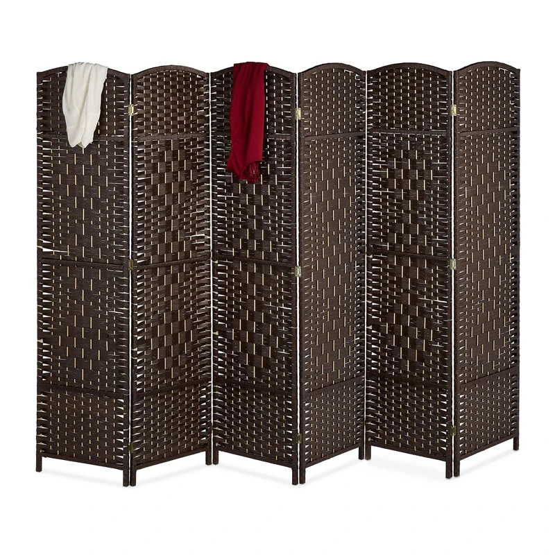 Relaxdays Paravent Room Divider, H x W: 170 x 240 cm, Foldable Room Divider, 6-Piece Privacy Screen, Wood & Paper Rope, Brown