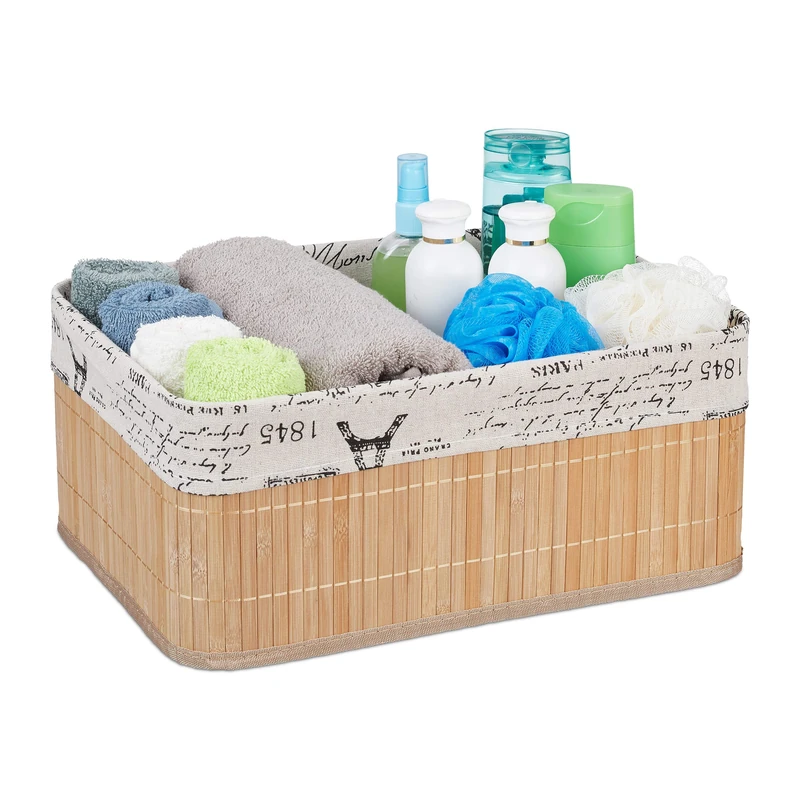 Relaxdays Storage Basket, Fabric Cover with Retro Pattern, Bamboo, Bathroom Organiser, 16.5 x 38 x 28.5 cm, Natural