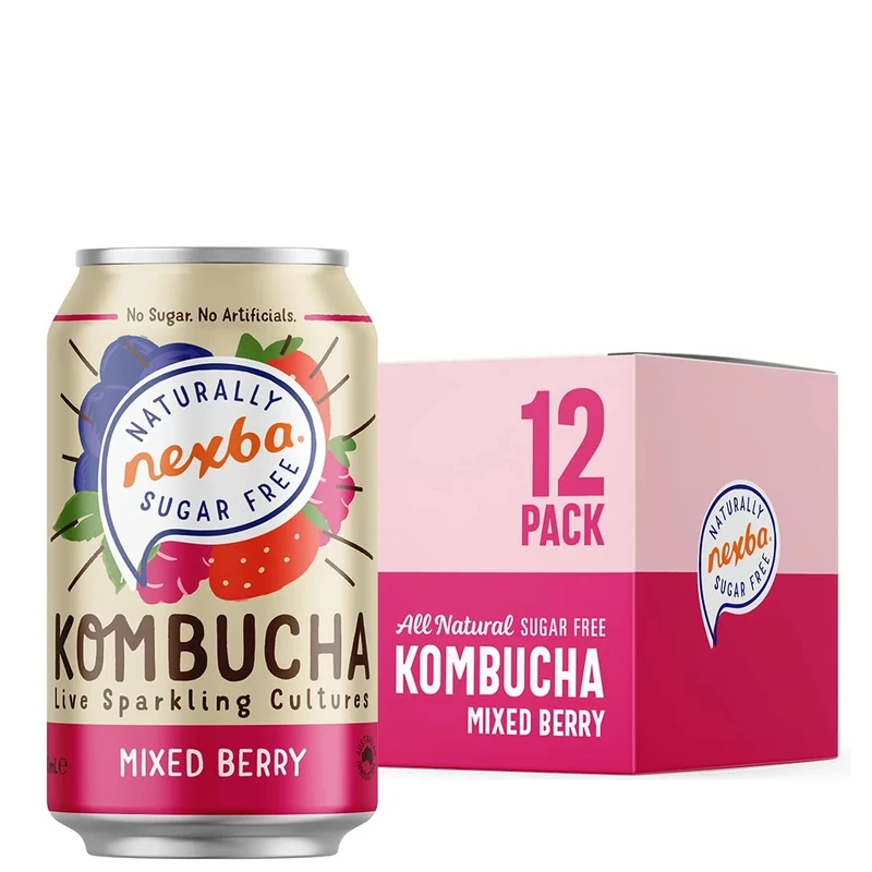 Nexba Naturally Sugar Free Mixed Berry Kombucha, 330 ml Cans (Pack of 12)