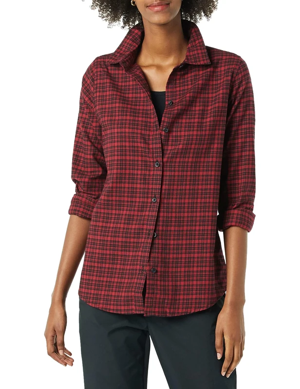 Amazon Essentials Women's Regular-Fit Plaid Flannel Shirt- Black/Red L