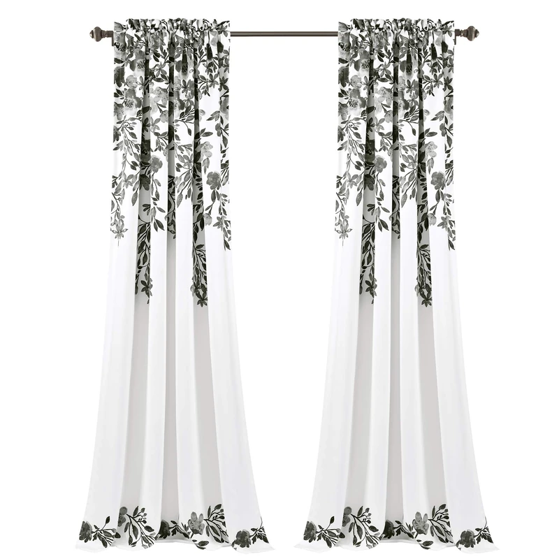 Lush Decor Tanisha Curtains Light Filtering Floral Vine Print Design Window Panel Set (Pair), 52" W x 84" L, Black & White