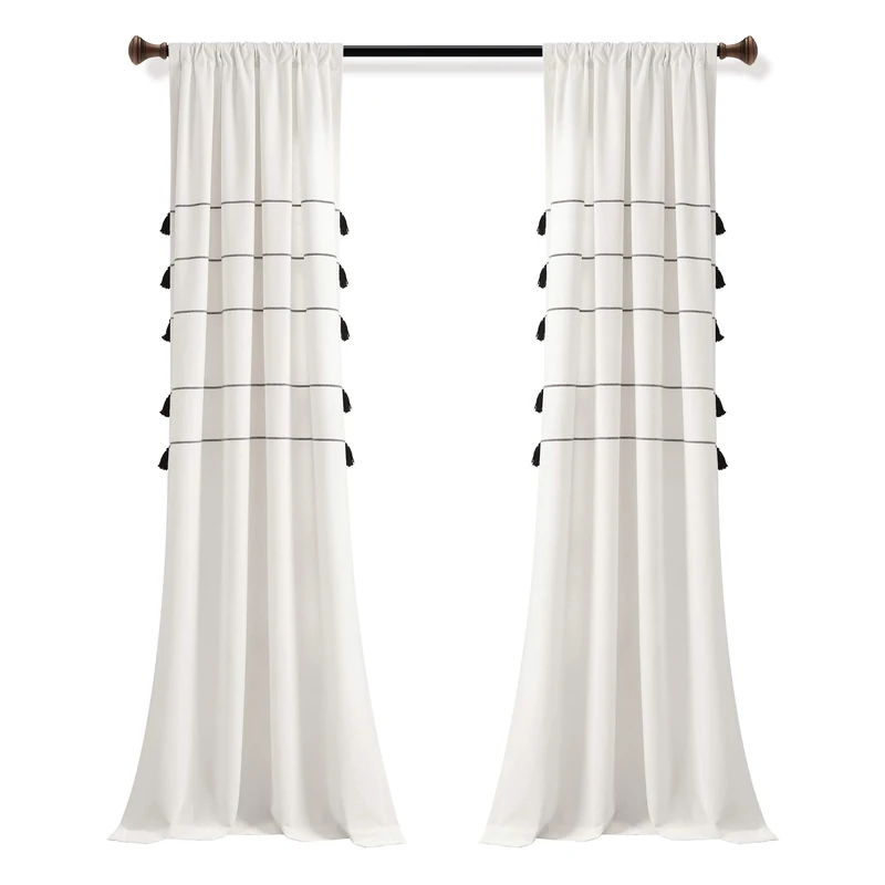 Lush Decor Farmhouse Boho Stripe Woven Tassel Yarn Dyed Cotton Window Curtain Panel Pair, 42" x 84", Ivory & Black