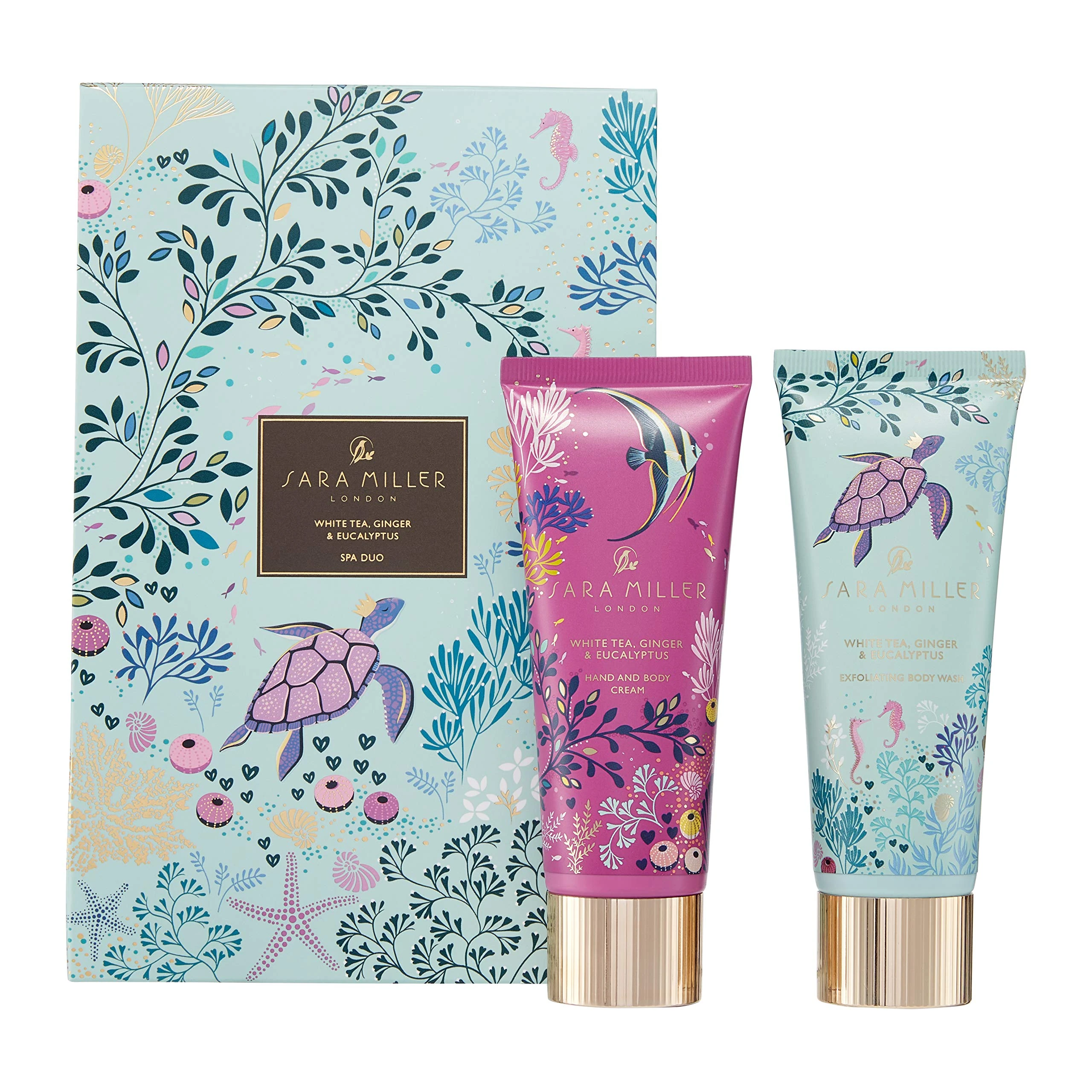 Sara Miller London Hand and Body Cream and Exfoliating Body Wash x2 75ml, Spa Duo, Moisturiser, Shea Butter, Travel Size, Vegan and Cruelty Friendly, Beauty Gift For Her