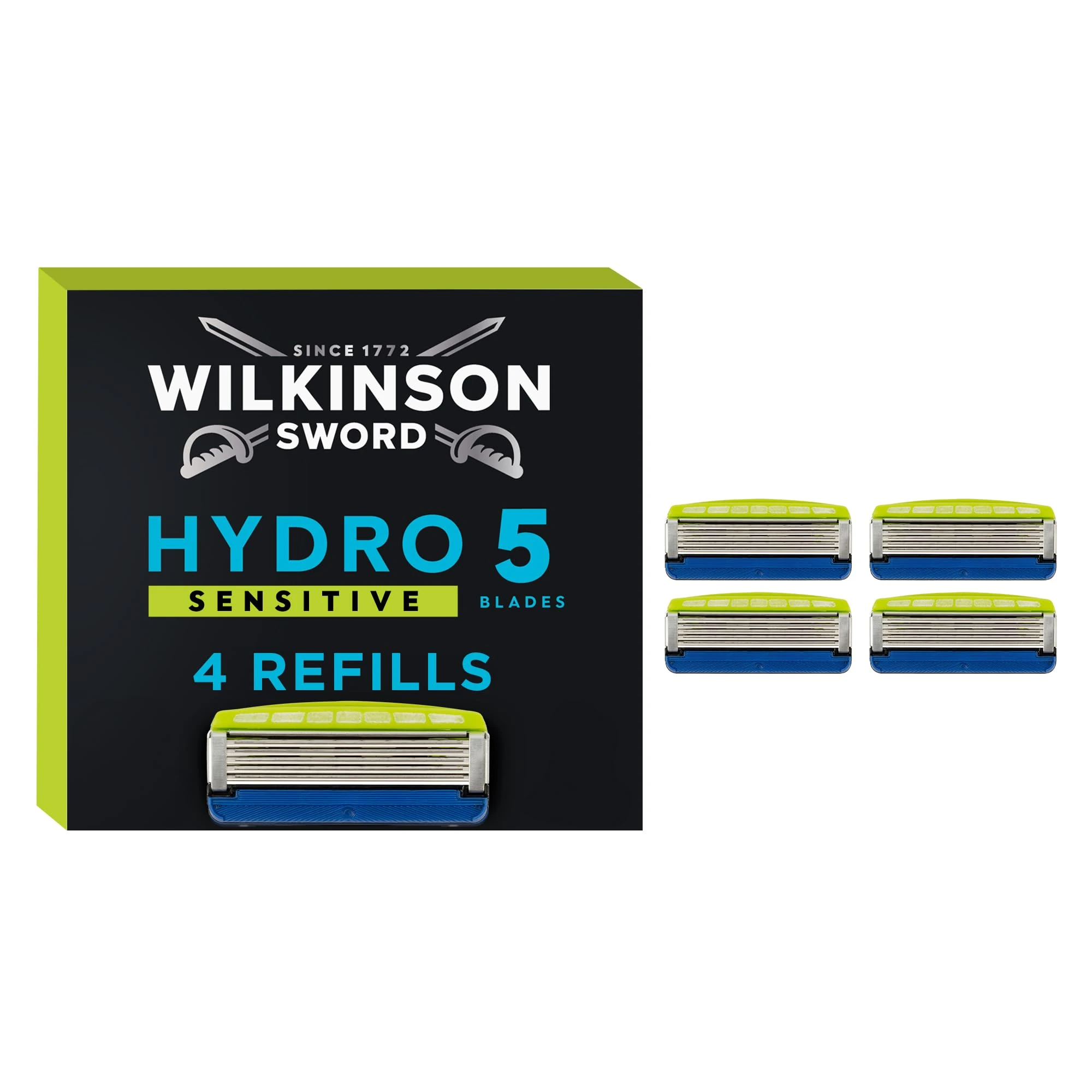 Wilkinson Sword Hydro 5 Sensitive Men’s Razor Refills, Great Addition to Wash Bags for Men's Grooming, Great Shavers for Routine Shaving, 4 Refill Razor Blades Pack