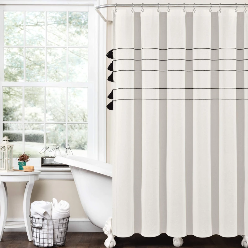 Lush Decor Farmhouse Boho Stripe Woven Tassel Yarn Dyed Cotton Shower Curtain, 72" x 72", Ivory