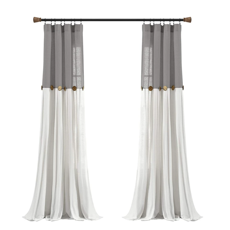 Lush Decor Linen Button Window Curtain Panel, Single, 40" W x 95" L, Dark Gray & White - Country Curtains - Rustic Decor - Color Block Modern Farmhouse Curtains For Living Room, Bedroom & Dining Room