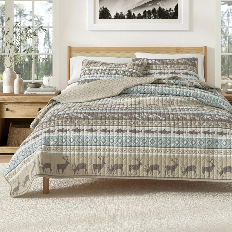 Great Bay Home 3-Piece Reversible Rustic Lodge Bedspread Quilt with 2 Shams. All-Season Quilt Set. (Full/Queen, Yosemite)