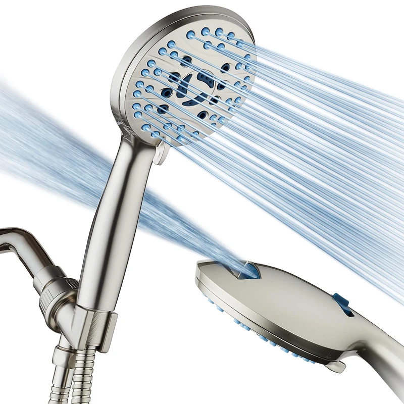 AquaCare High Pressure 8-Mode Handheld Shower Head - Anti-Clog Nozzles, Built-in Power Wash to Clean Tub, Tile & Pets, Extra Long 6 ft. Stainless Steel Hose, Wall & Overhead Brackets