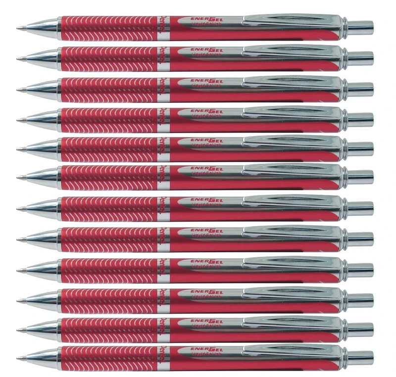 Pentel Energel Retractable Ballpoint Pen with Red Metallic Body - Black Writing - Pack of 12