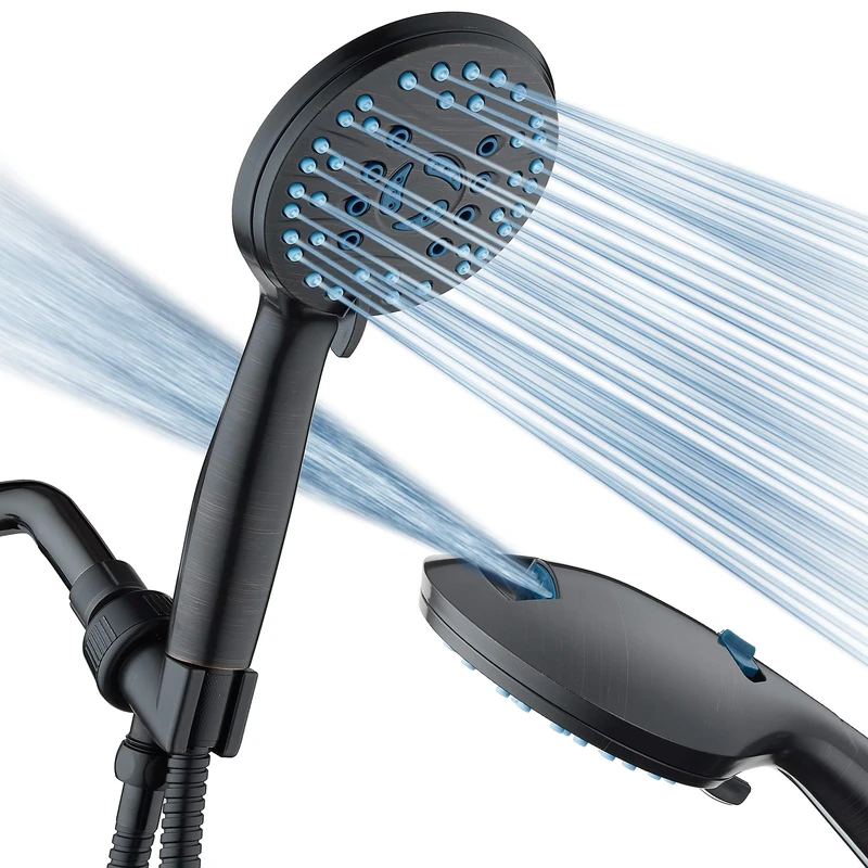 AquaCare High Pressure 8-Mode Handheld Shower Head - Anti-Clog Nozzles, Built-in Power Wash to Clean Tub, Tile & Pets, Extra Long 6 ft. Stainless Steel Hose, Wall & Overhead Brackets