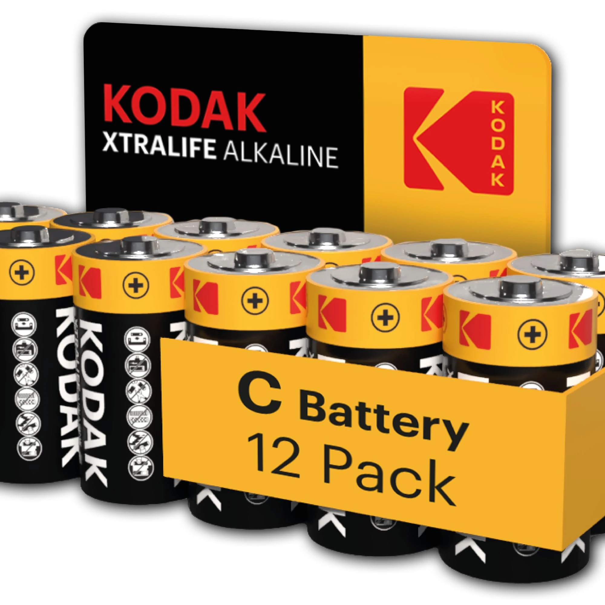 Kodak Xtralife C Batteries (12 Pack) - 1.5V Alkaline, Type C Cell LR14/MN1400 Size Battery, Suitable for Flashlights, Torches, Toys & More, 10-Year Shelf Life (12 Count)