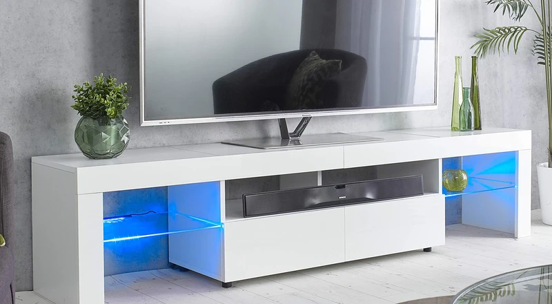 MMT Furniture Designs White TV Stand Cabinet with LED Lights, 200cm Lowboard TV Unit for 50 Inch Smart TV, Fits Up to 90 Inch TVs, 45cm Deep with Glass Shelves