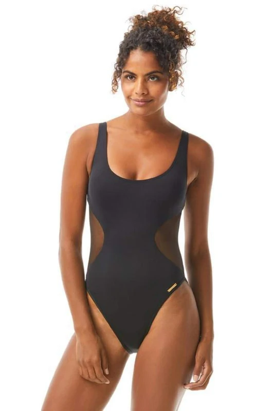 Vince Camuto Mesh Cutouts Scoop Neck One-Piece - black - 6