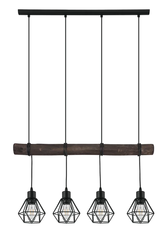 Eglo Pendant Light Fitting Horningtops, Rustic Hanging lamp in Vintage, Industrial and Retro Design, 4-lamp Dining and Living Room lamp, Black Steel and Natural Wood, E27 Socket, L 28”