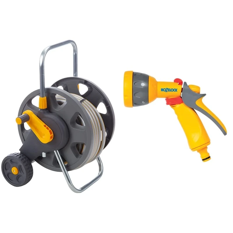 Hozelock 45m Assembled Hose Cart with 20m Hose & Ltd Spray Gun, Multi-Colour