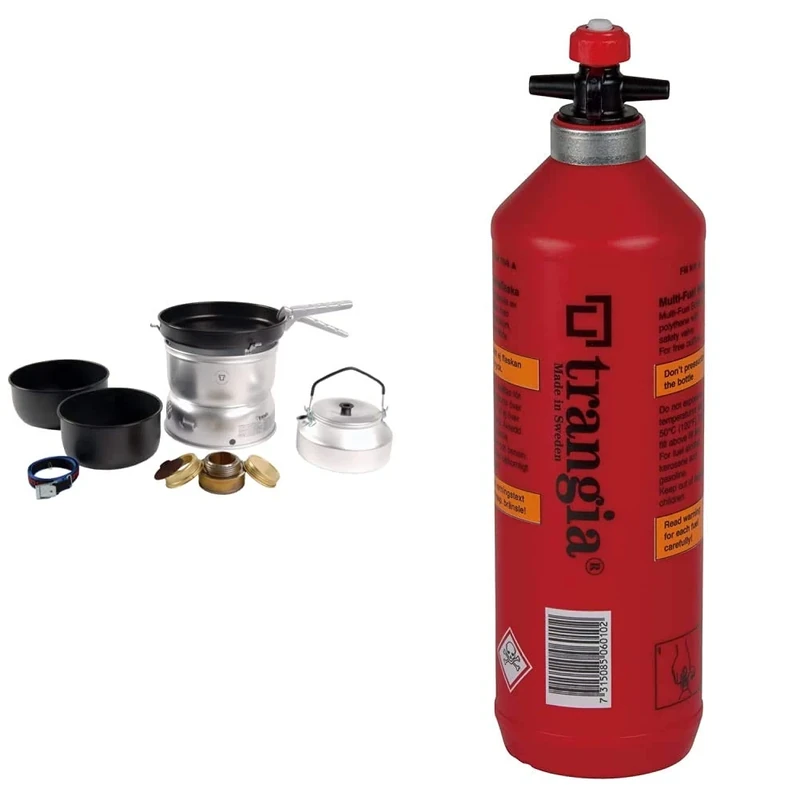 Trangia 25 Non-Stick Cookset with Kettle and Spirit Burner & Fuel Bottle with Safety Valve, 1 L