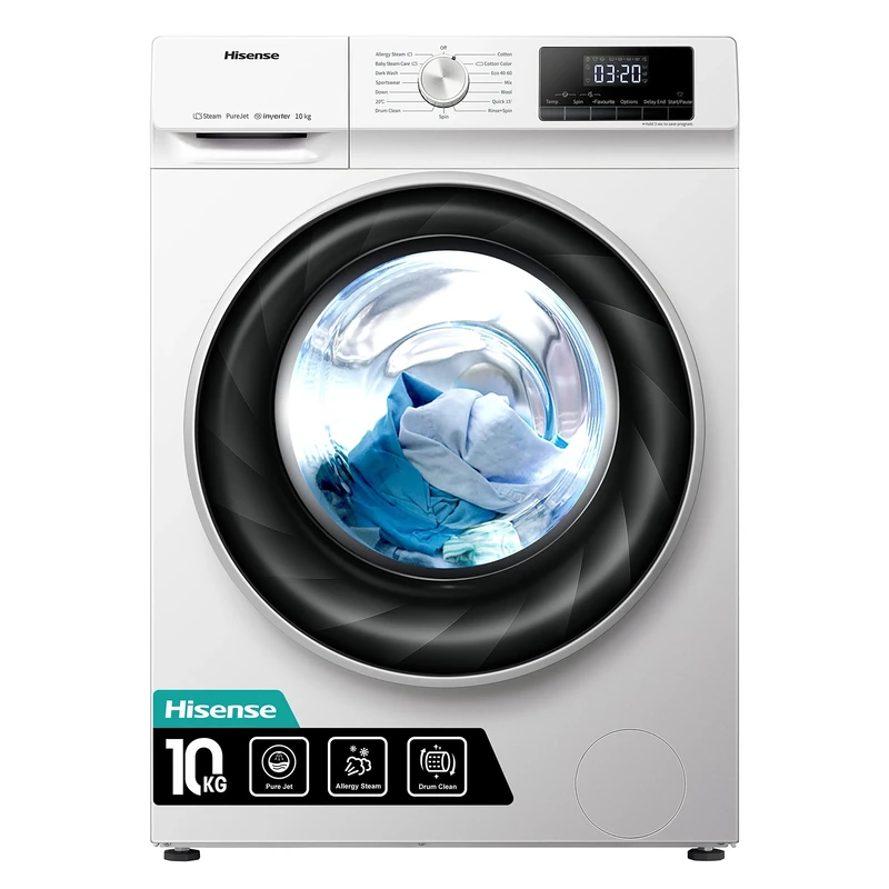 Hisense WFQY1014EVJM Freestanding 10 kg Front Load Washing Durable Inverter Machine Steam Wash Quick Wash 15 Washing Programs 1400 RPM White Energy Rating B