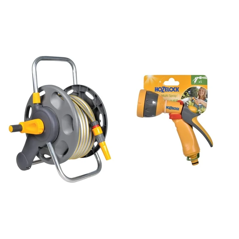 Hozelock 60m Hose Reel which comes with 25m of Select hose; can be attached to the wall or used free standing & HZ2676P0000 Spray Gun, Multi-Colour