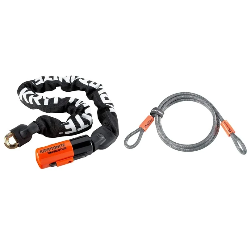Kryptonite Unisex's Evolution Chain Lock, Black/Orange, 10mm x 55cm & Loop Cable Krypto Flex 213cmx10mm, Grey