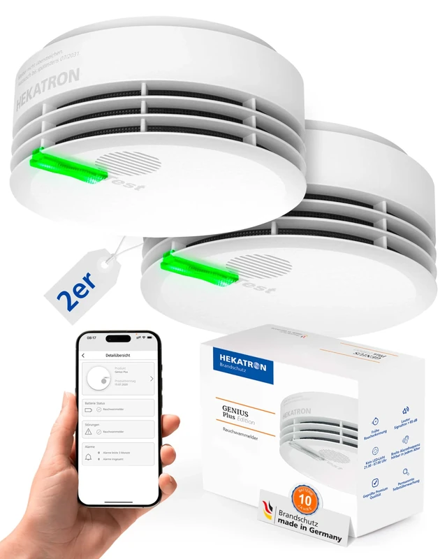 Hekatron Genius Plus Edition 2021 Smoke Alarm with Batteries and Adhesive Pads Included, Set of 2, in White