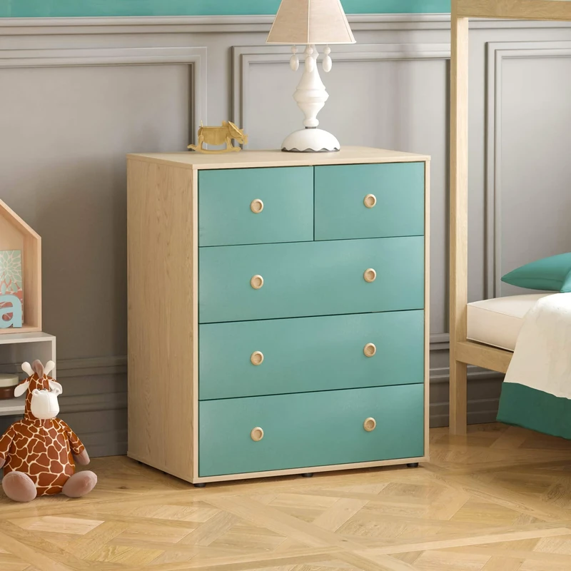 Junior Vida Neptune 5 Drawer Chest of Drawers Cabinet Storage Modern Bedroom Children's Kids Furniture (Blue & Oak)