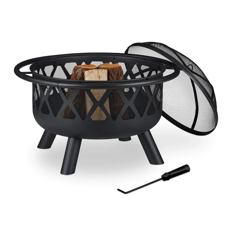 Relaxdays Fire Bowl, with Spark Guard & Poker, Garden & Terrace, Ø 75 cm, Steel, Black