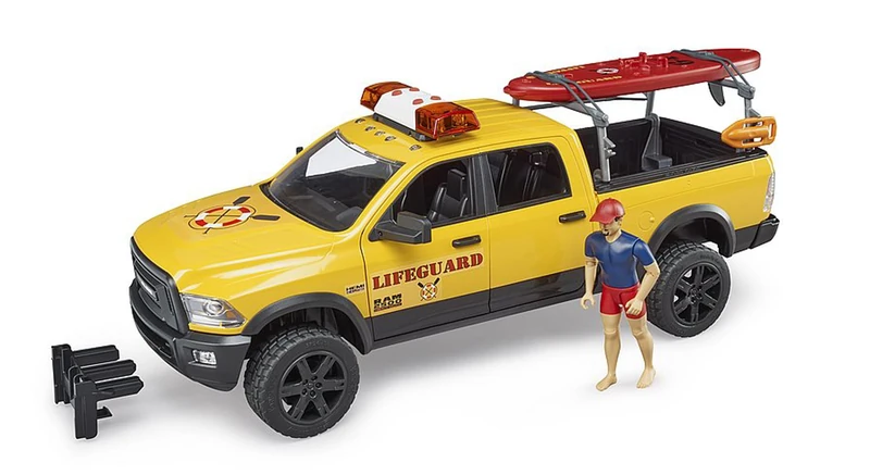 Bruder RAM 2500 Power Wagon Lifeguard Truck with Figure, Stand‑Up Paddle Board & Light & Sound Module – 1:16 Scale, V8 HEMI Off‑Road Rescue Toy