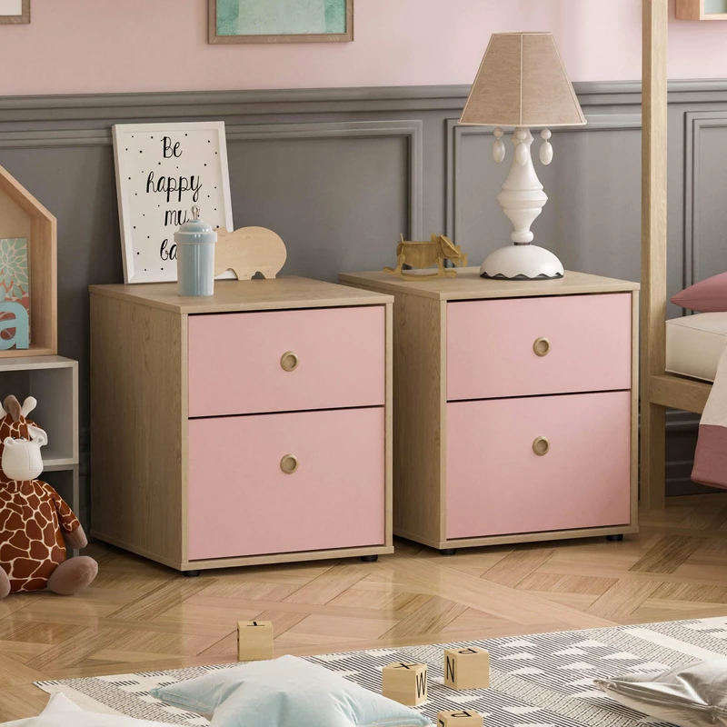 Junior Vida Neptune 2 Drawer Bedside Table Cabinet Chest of Drawers Bedroom Storage Children's Kids Furniture, Set of 2 (Pink & Oak)